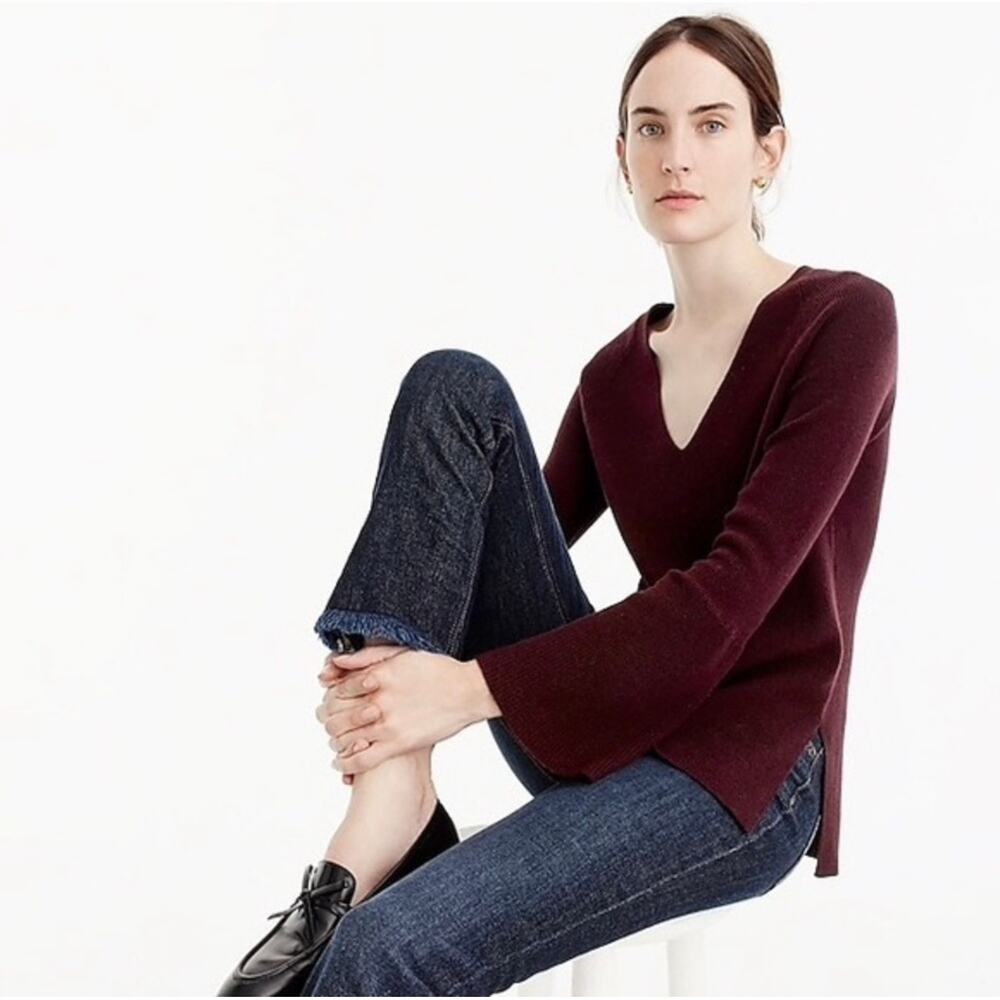 J. Crew Sz L Sweater Peplum Bell Long Sleeve V-neck Wool Blend Burgundy Women’s